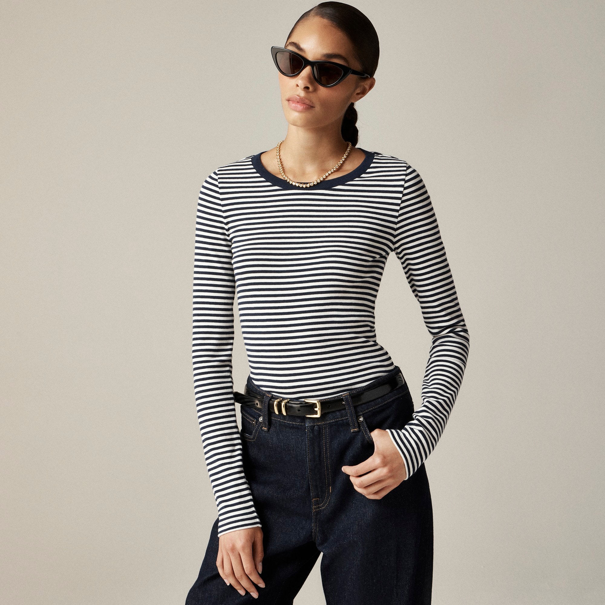 womens Perfect-fit long-sleeve crewneck T-shirt in stripe