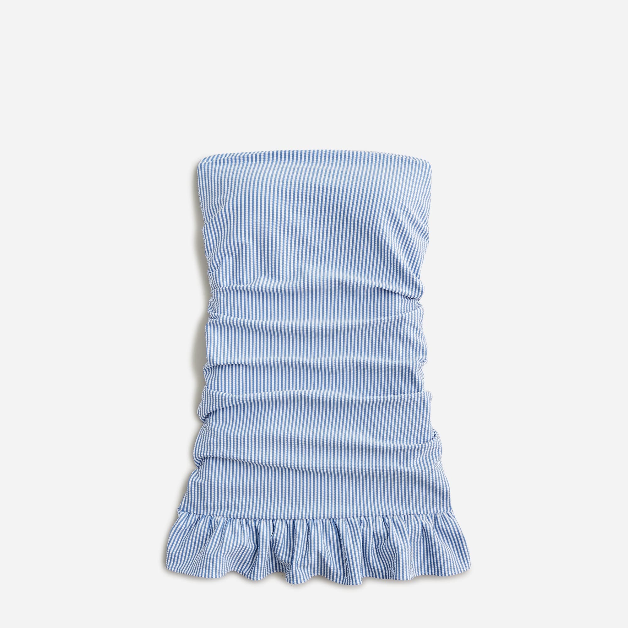  Strapless ruffle-hem swim dress in seersucker stripe