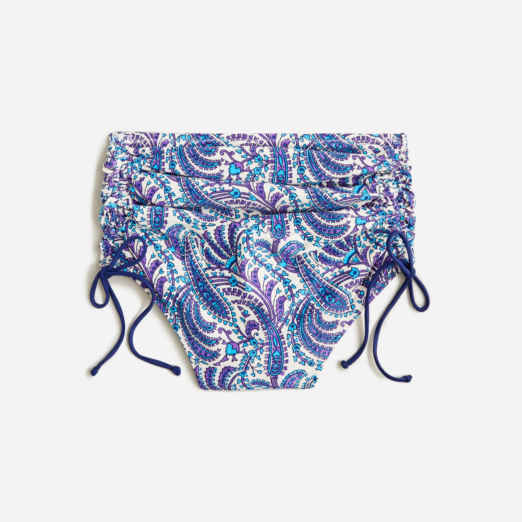  Ruched high-rise bikini bottom with adjustable side ties in purple paisley