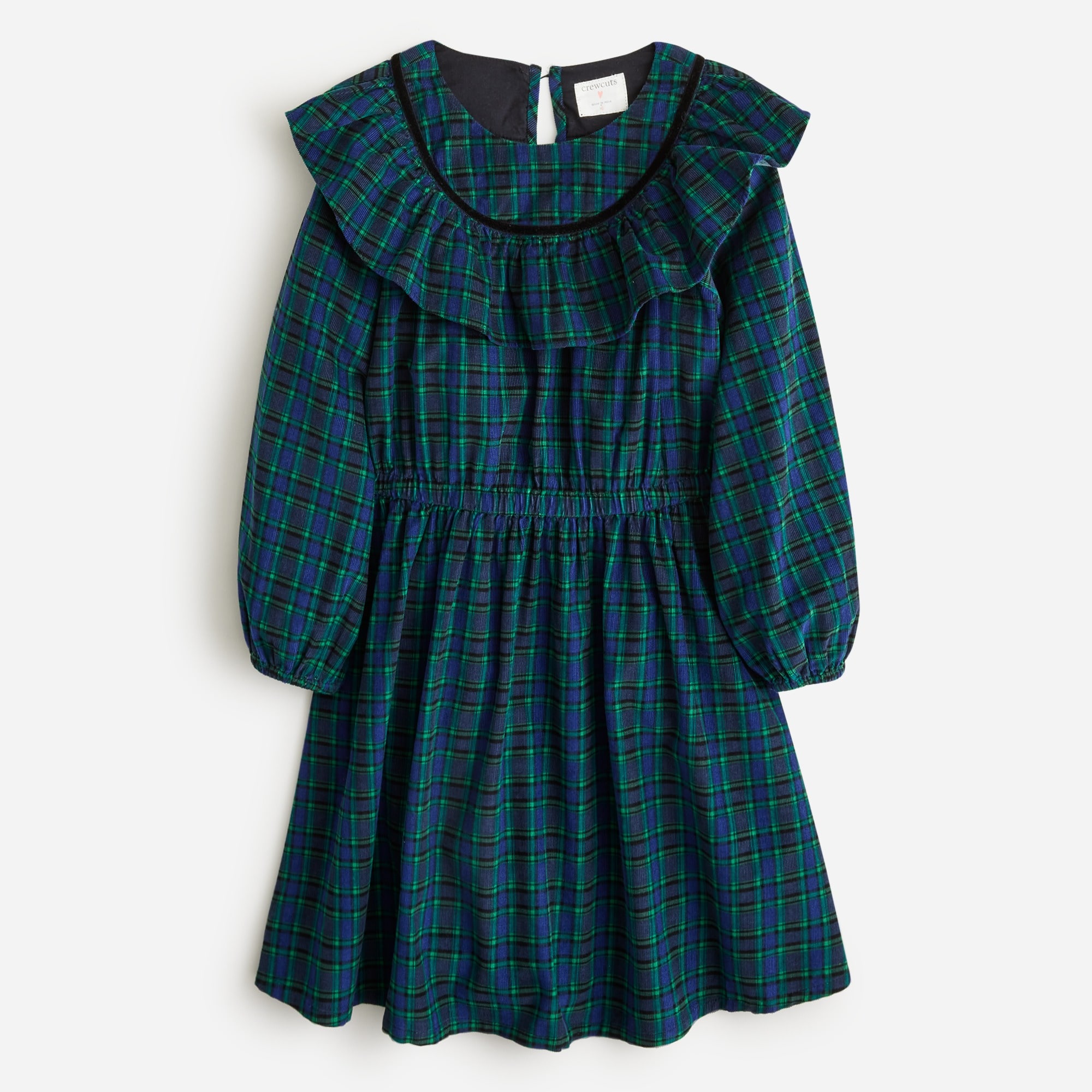  Girls' ruffle-trim dress in plaid corduroy