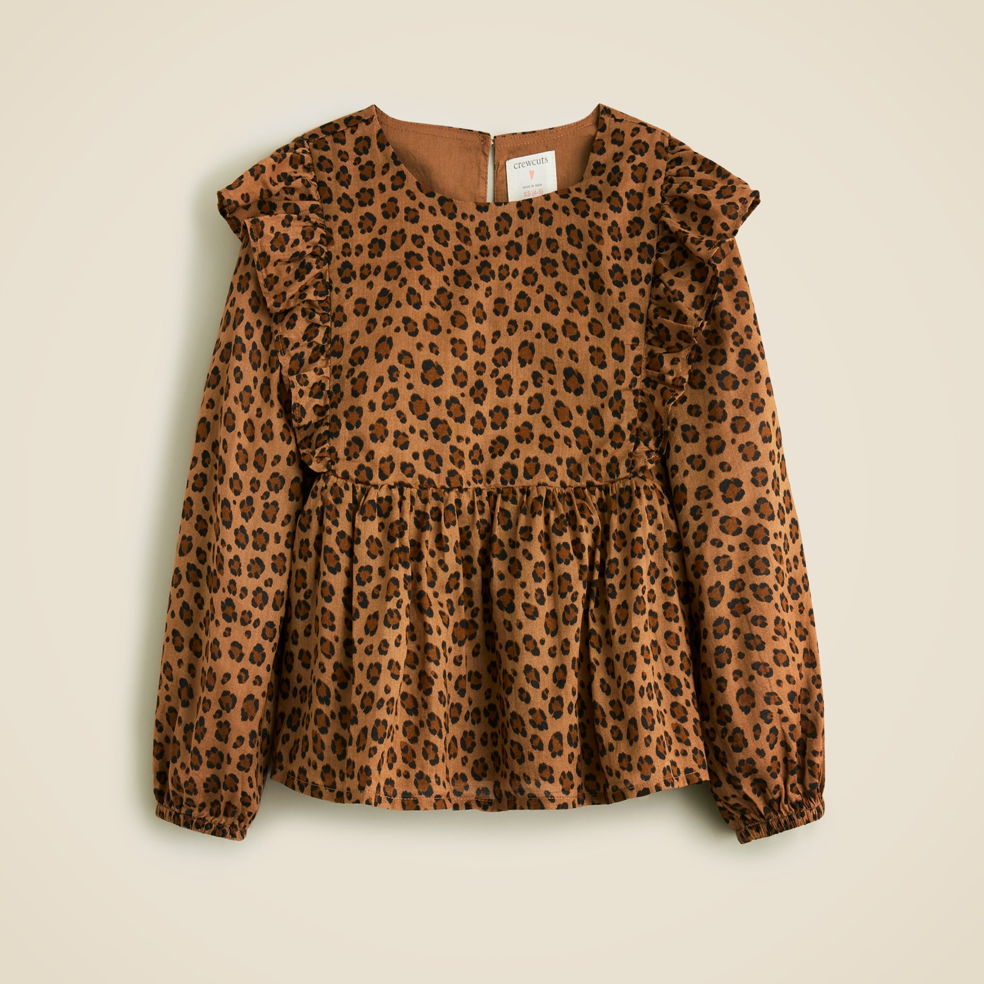  Girls' ruffle-shoulder puff-sleeve top in leopard print