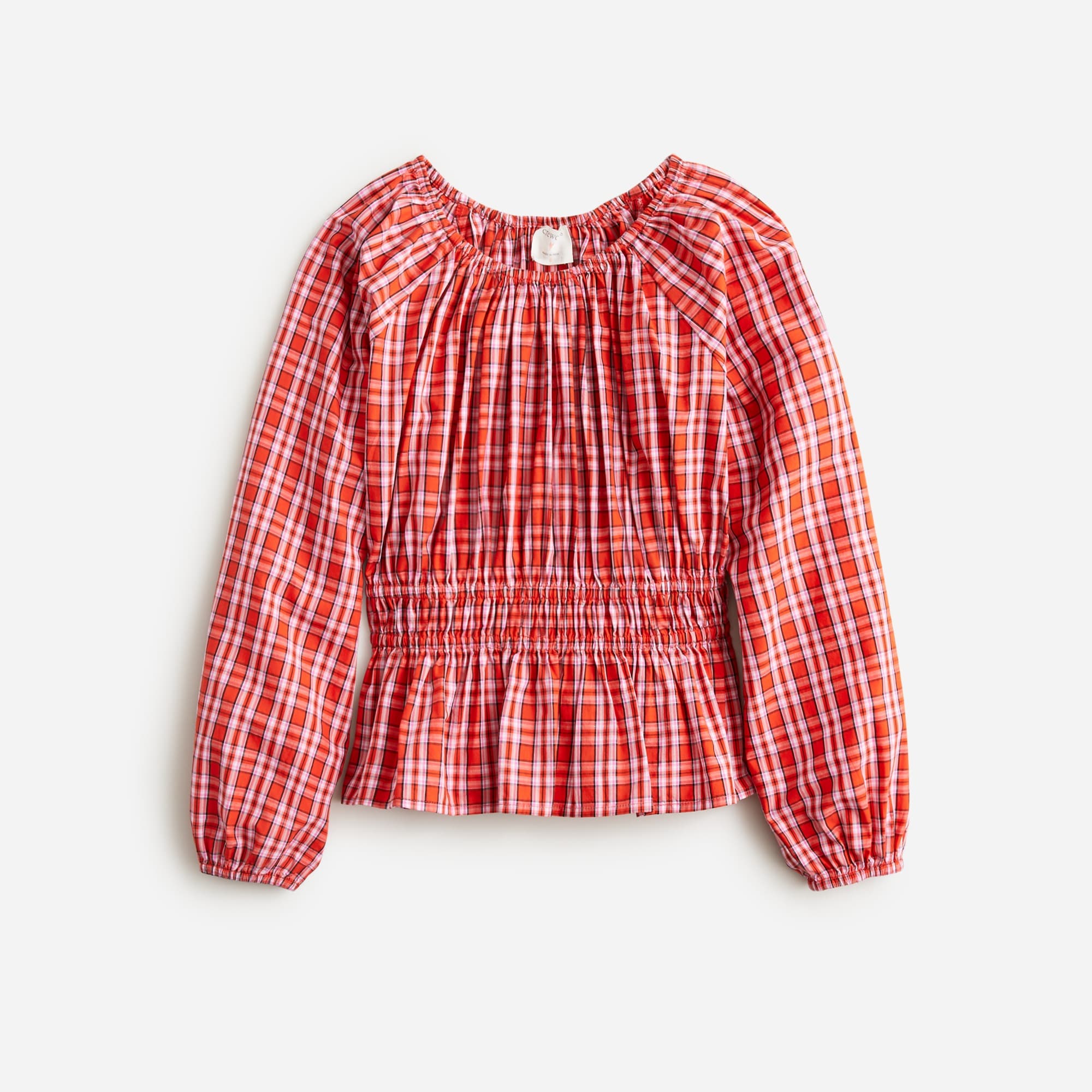  Girls' puff-sleeve peplum top in tartan