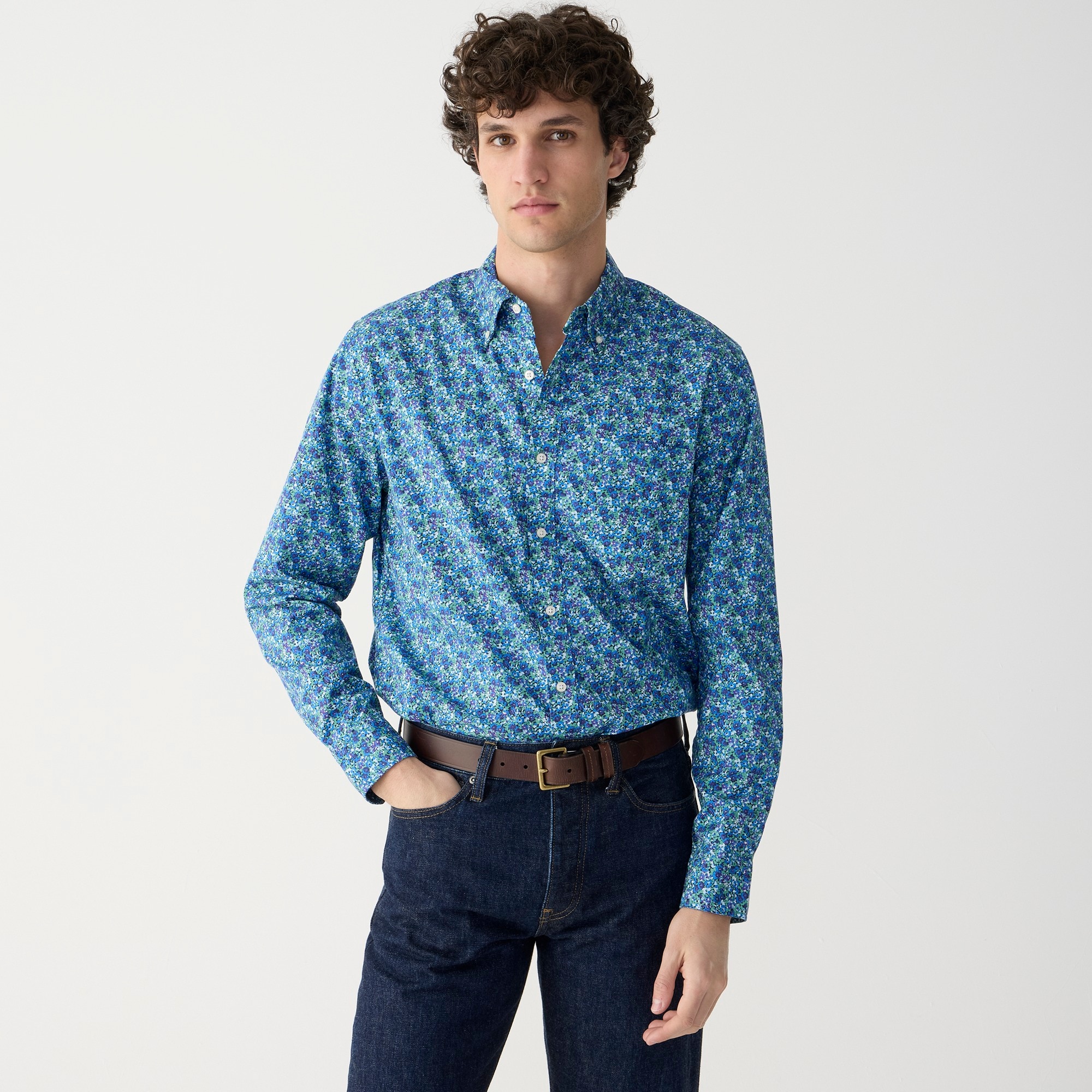 mens Slim Secret Wash cotton poplin shirt in print