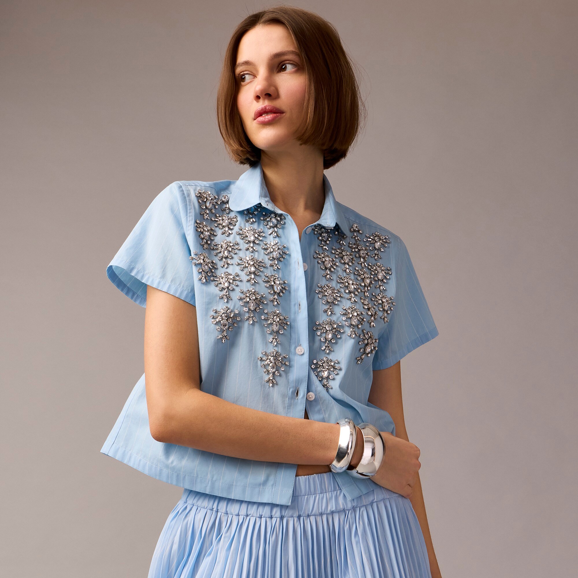 womens Collection cropped button-up shirt with embellishments in pinstripe print