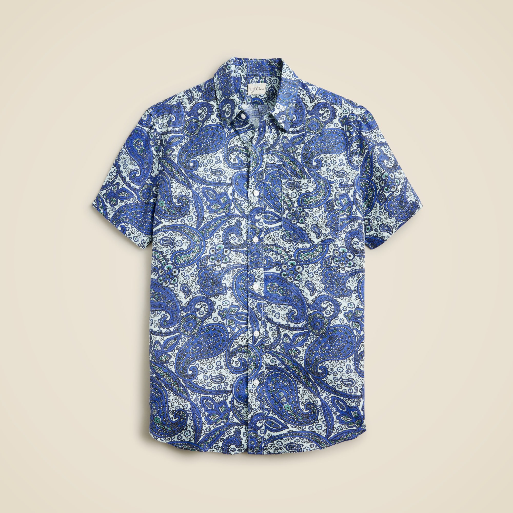  Short-sleeve linen shirt with point collar in print