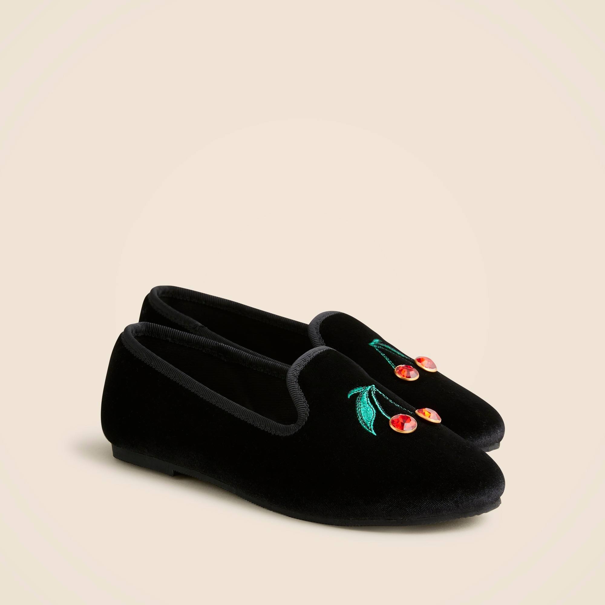  Kids' embroidered-cherry velvet slip-on shoes