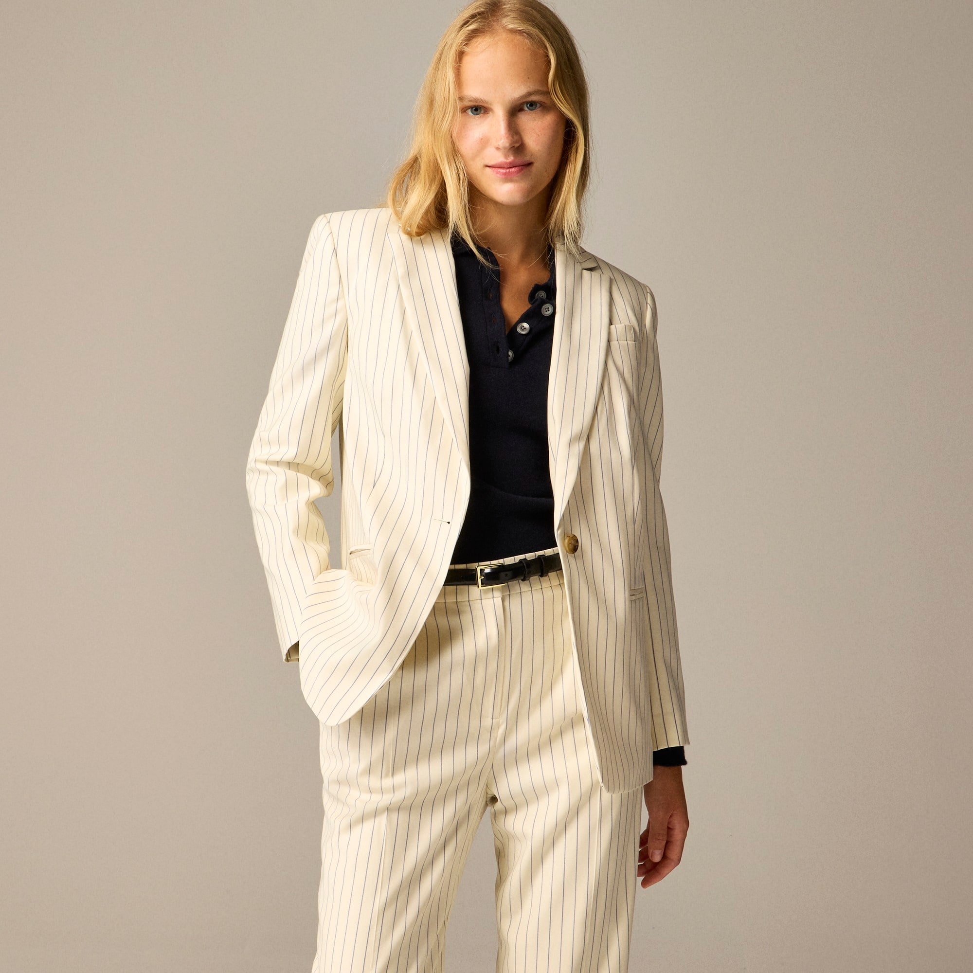 womens Tall Collection classic blazer in ivory pinstripe Italian wool blend