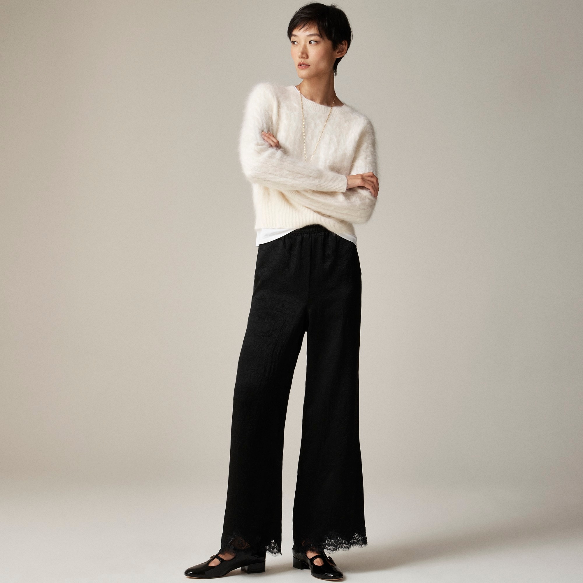 womens Petite Stratus lace-trim pant in textured satin