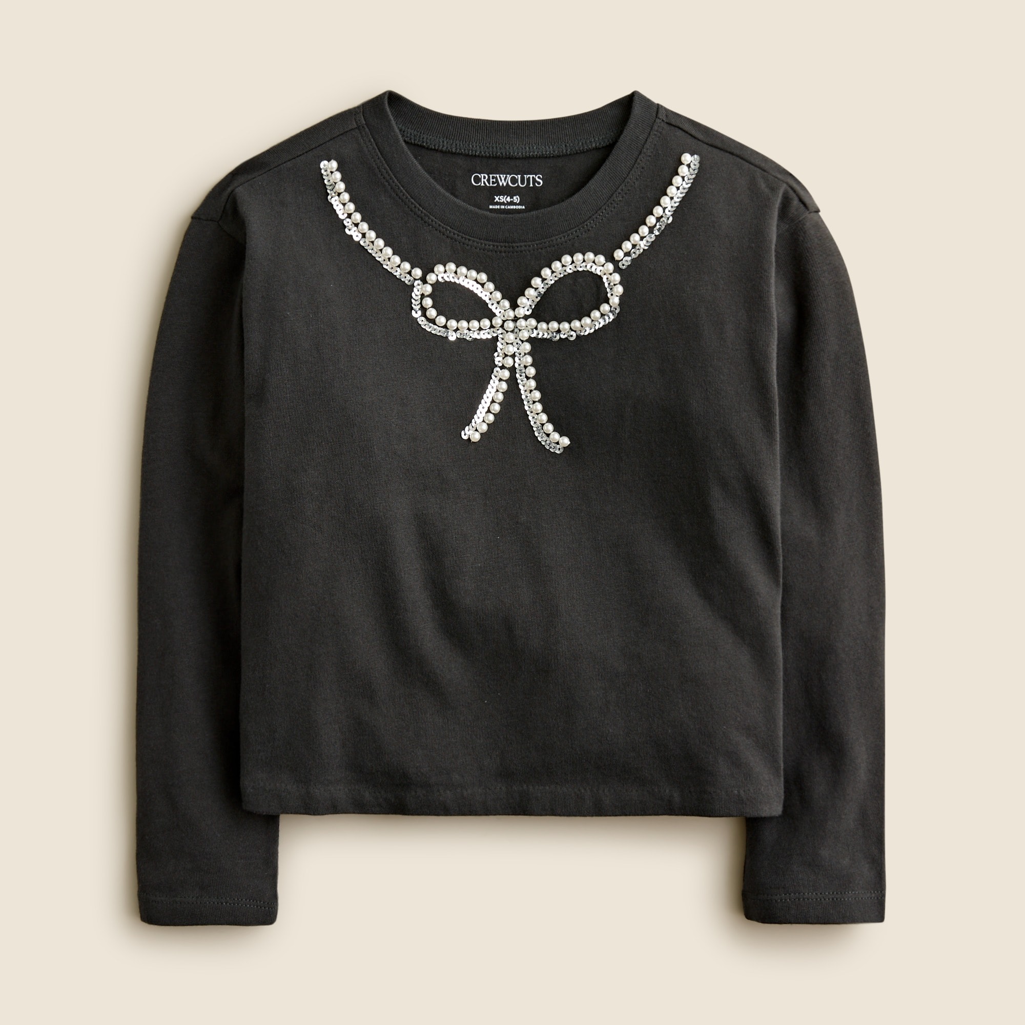 girls Girls' long-sleeve embellished bow T-shirt with pearls