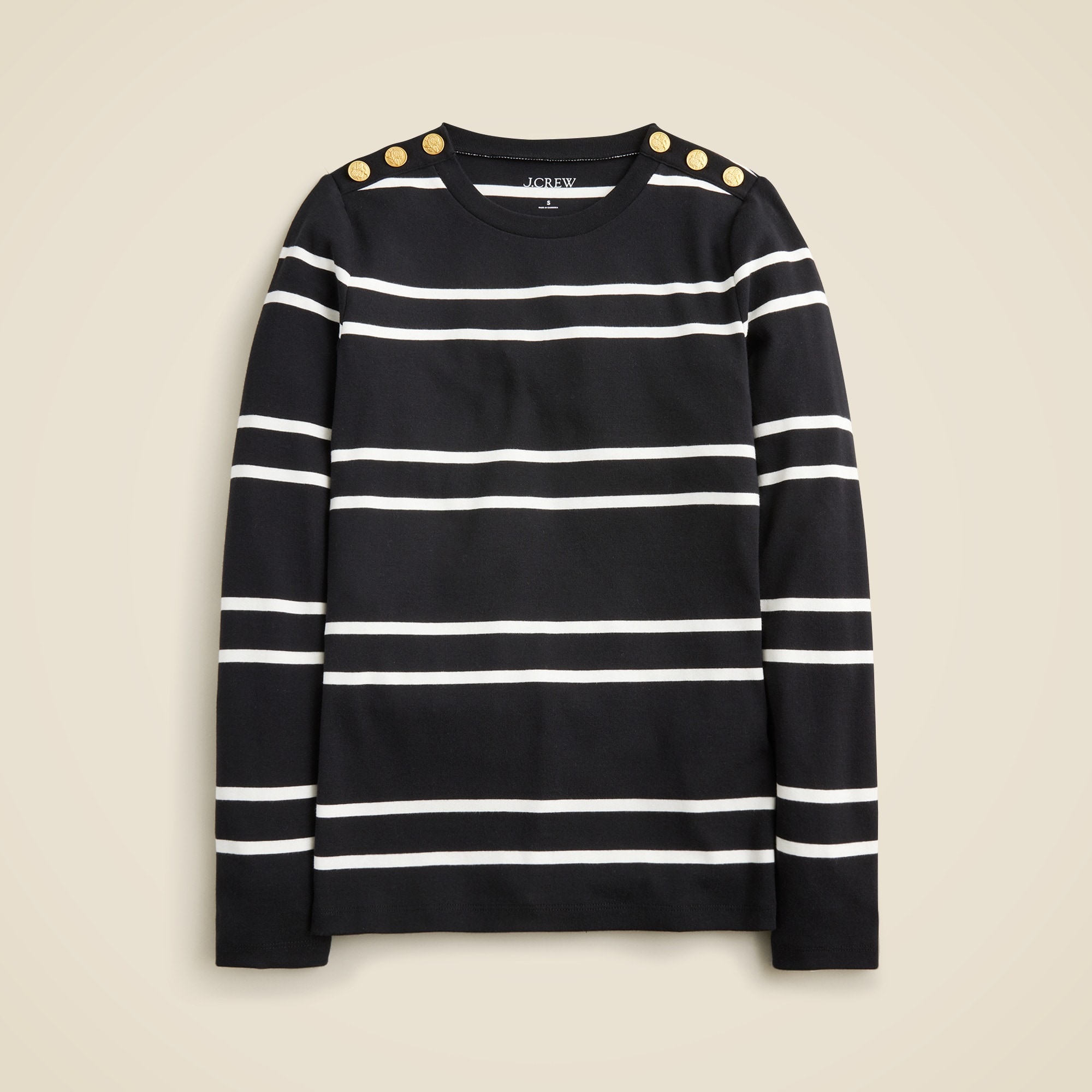  Perfect-fit long-sleeve crewneck T-shirt with lion buttons in stripe