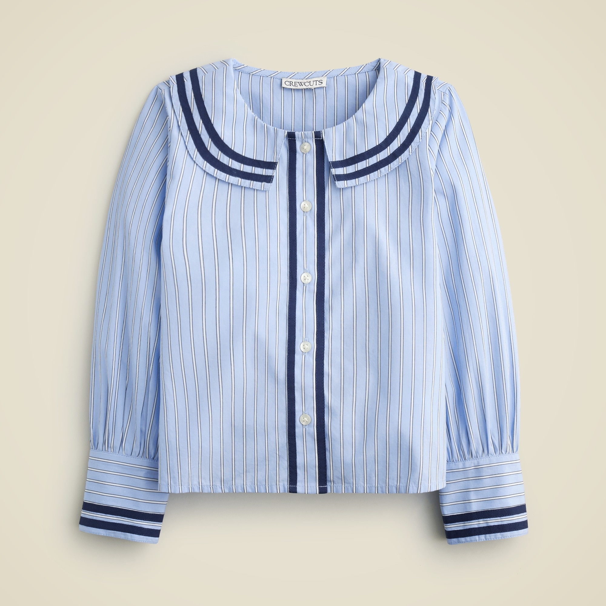  Girls' tipped collared top in poplin stripe