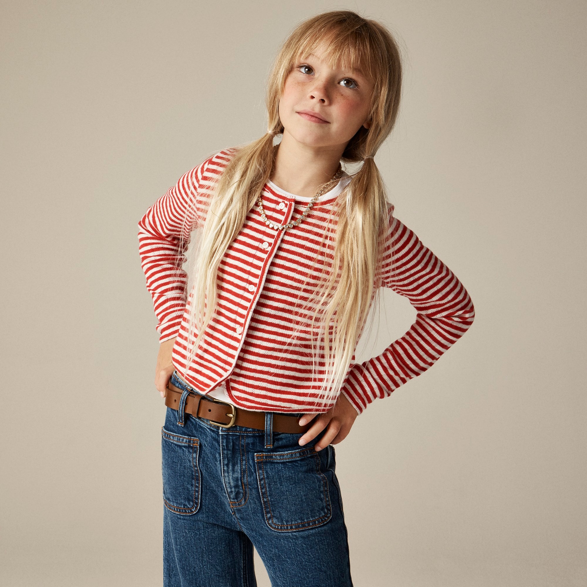 girls Girls' pointelle cardigan sweater in stripe