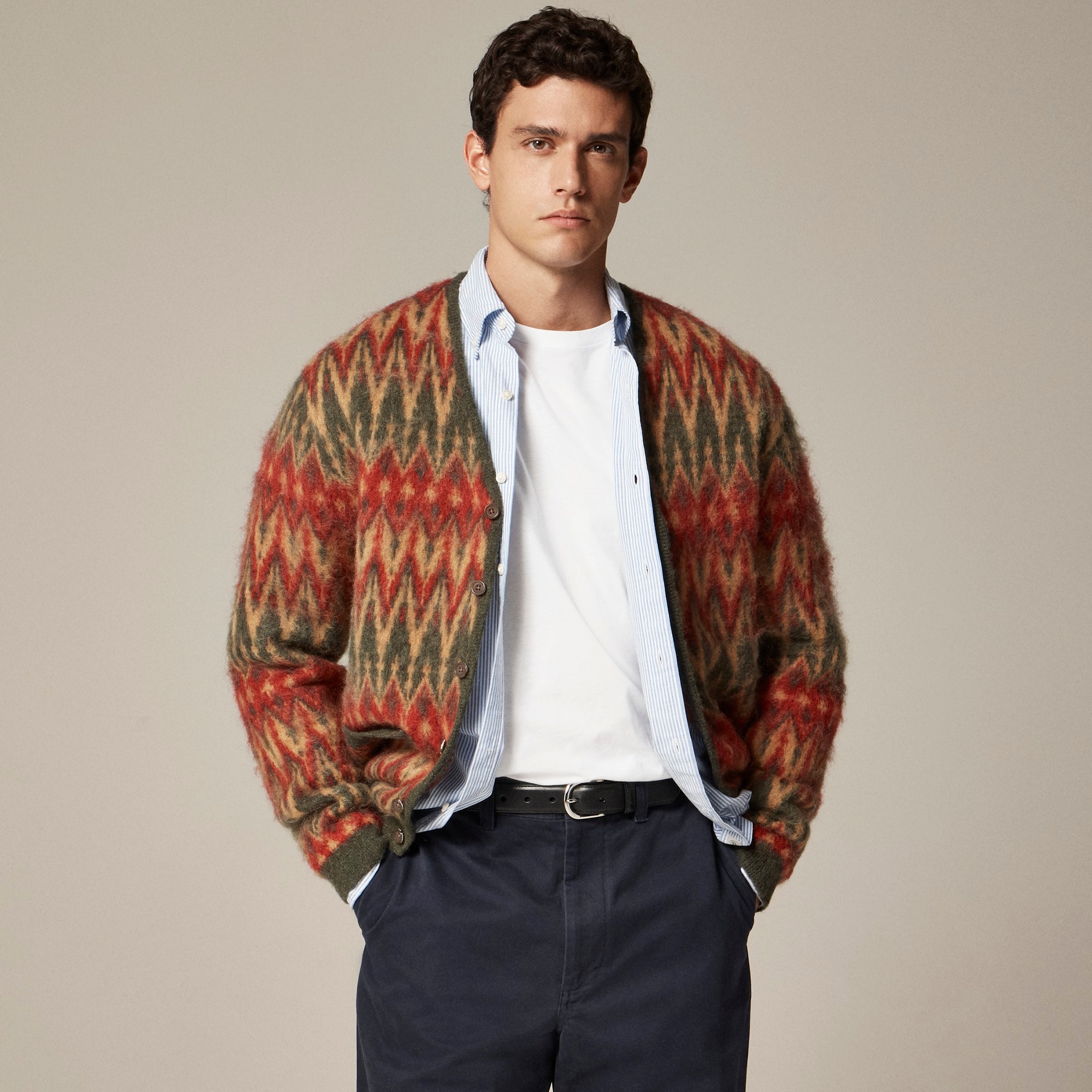 mens BEAMS PLUS wool chevron jacquard cardigan sweater