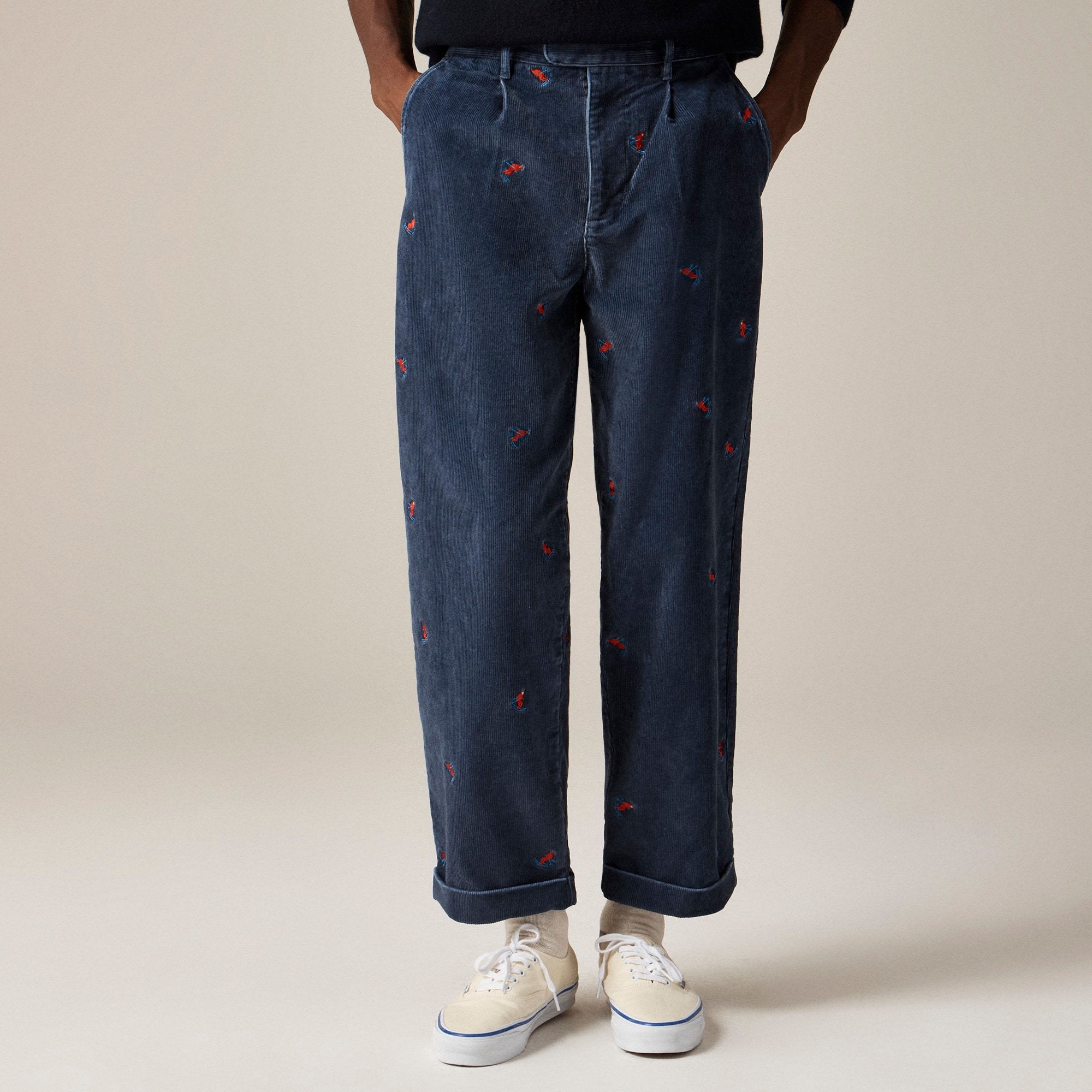 mens Relaxed-fit pleated 11-wale corduroy trouser with retro skier embroidery