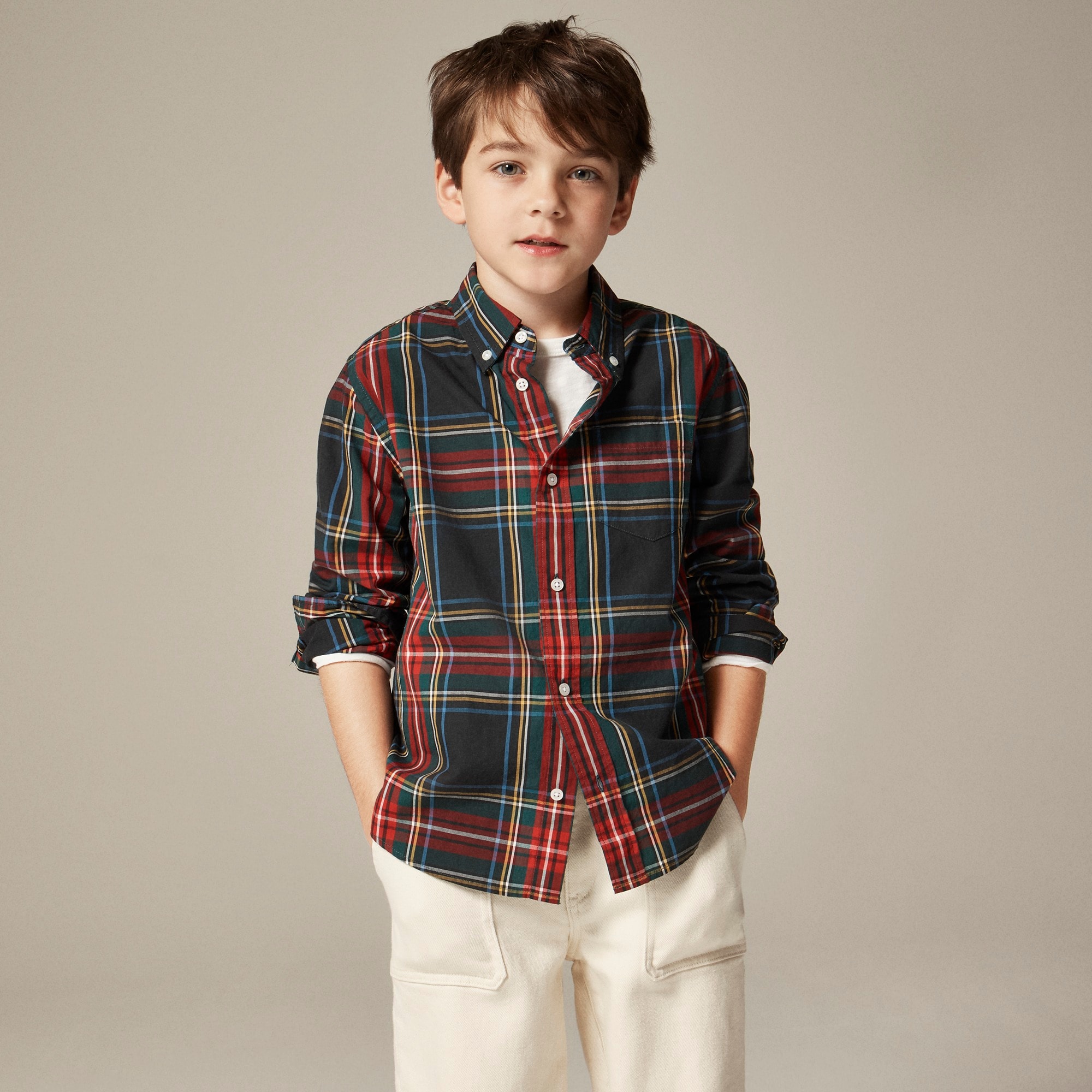  Kids'' long-sleeve stretch poplin button-down in Stewart tartan