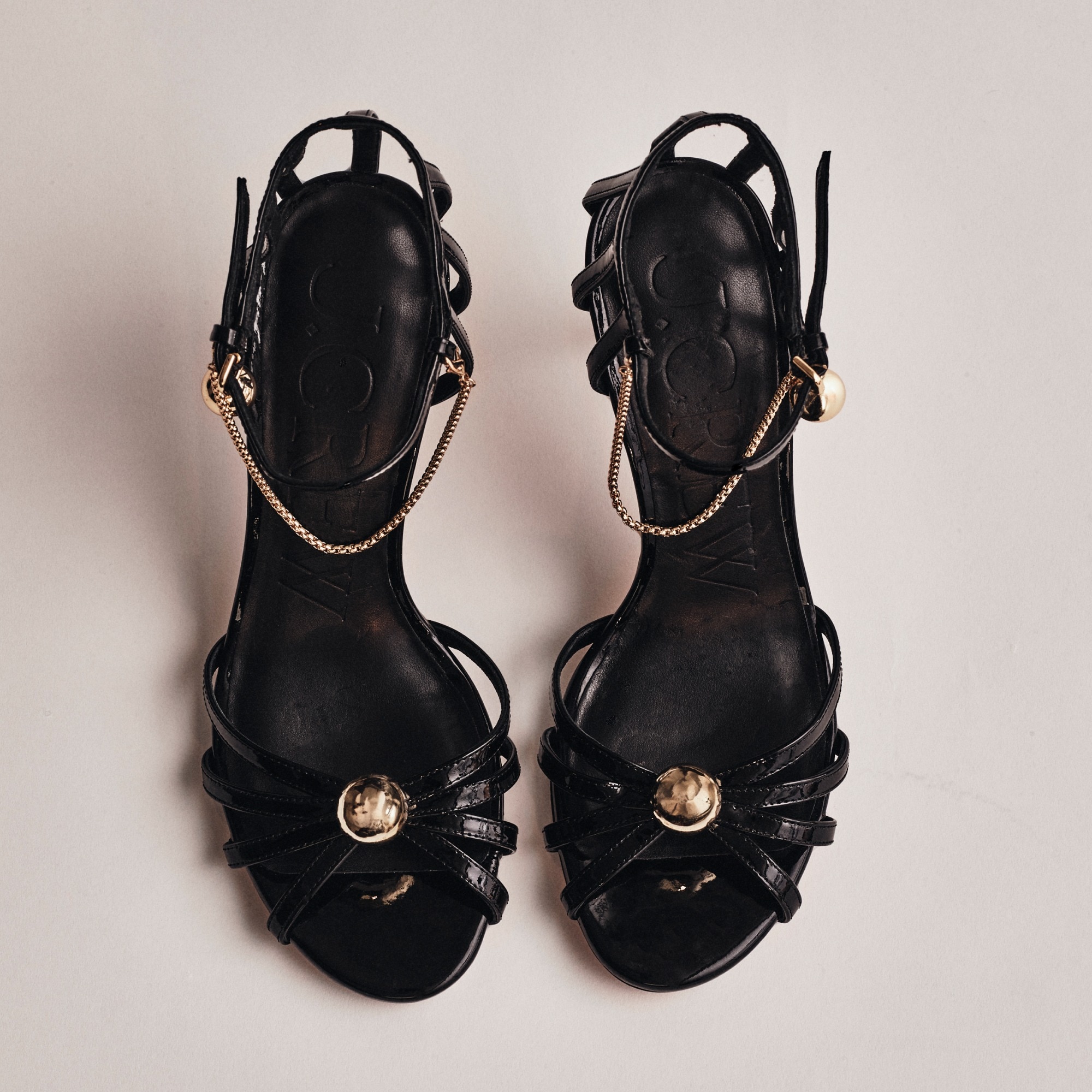 womens Collection Made-in-Spain Rylie sandals in patent leather with gold baubles