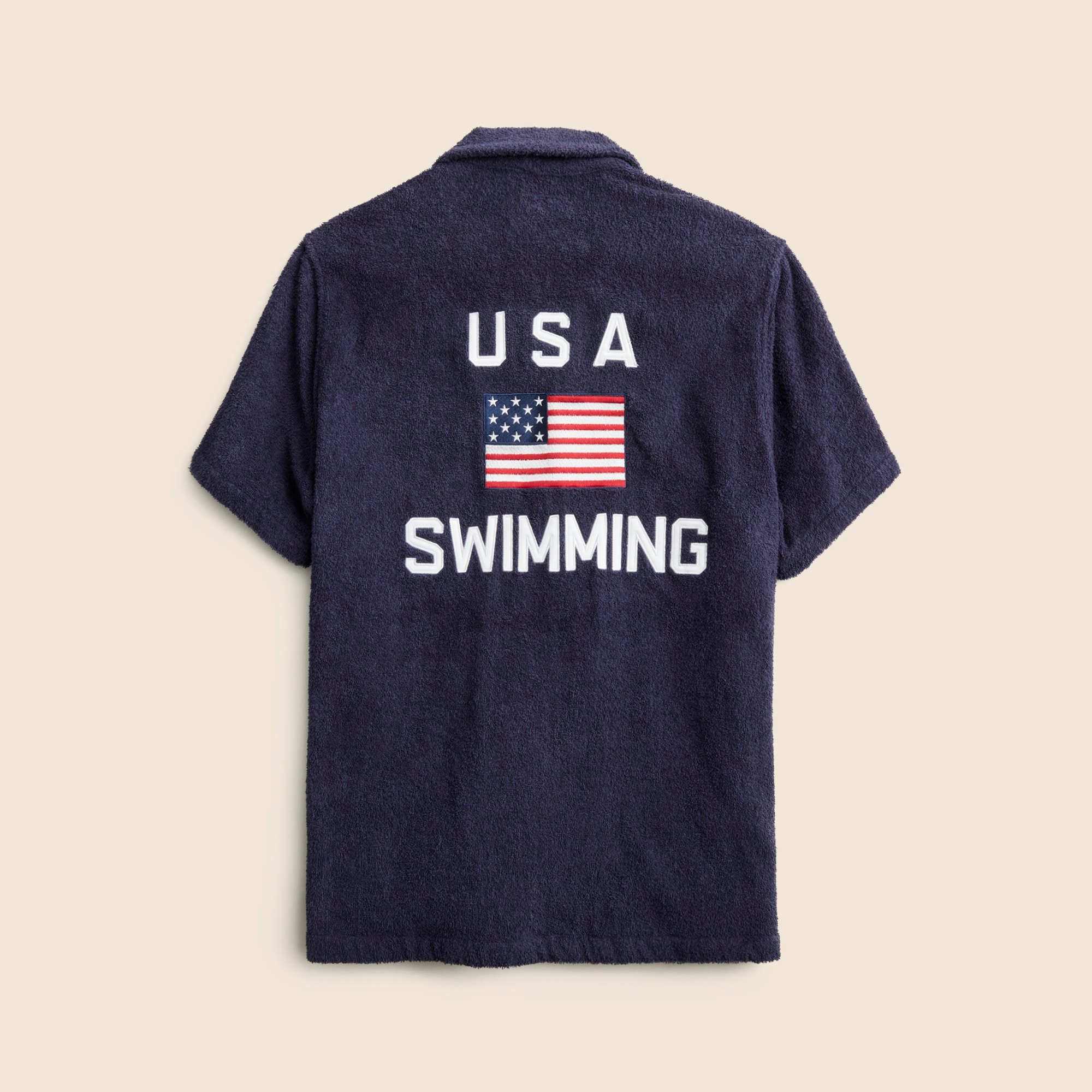 mens Limited-edition USA Swimming&reg; X J.Crew terry cloth four-pocket graphic camp-collar shirt