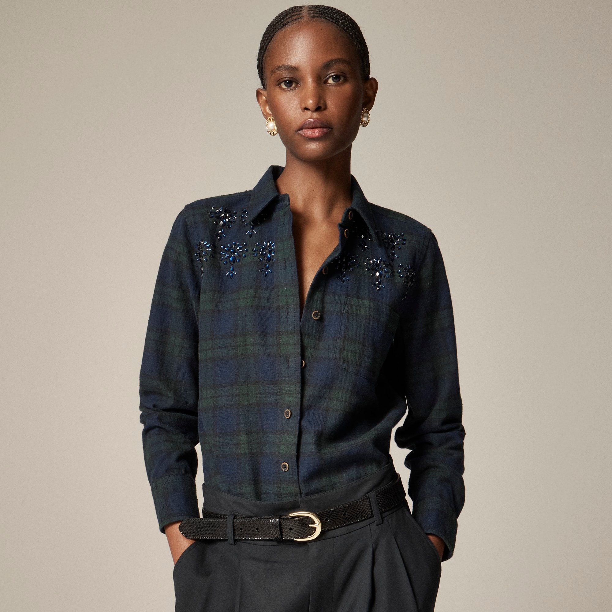 womens Embellished shrunken button-up shirt in tartan brushed cotton oxford